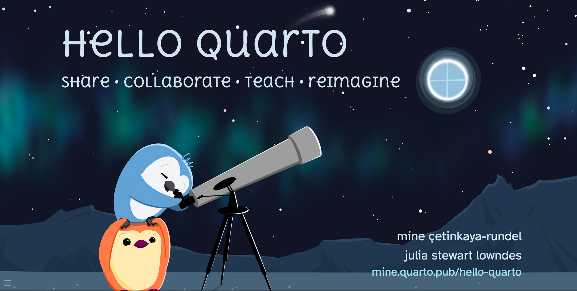 One penguin standing on another penguin’s shoulders in a snowscape, looking through a telescope at a Quarto logo “moon” in the night sky.